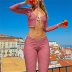 Vintage Slim Fit T-shirt Plaid Tie Front Pants Set image 5