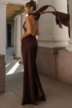Vintage Solid Satin Backless Maxi Dress image 5