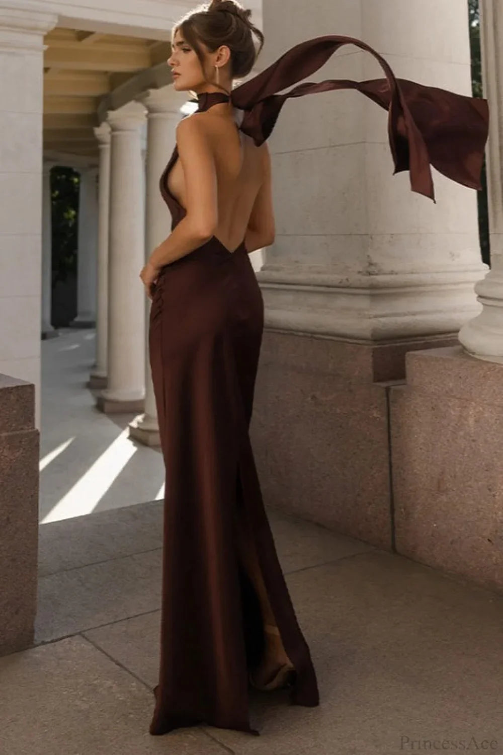Vintage Solid Satin Backless Maxi Dress image 5