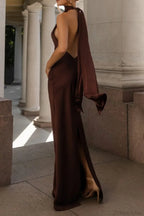 Vintage Solid Satin Backless Maxi Dress image 6