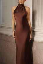 Vintage Solid Satin Backless Maxi Dress image 4
