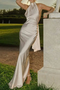 Vintage Solid Satin Backless Maxi Dress image 1