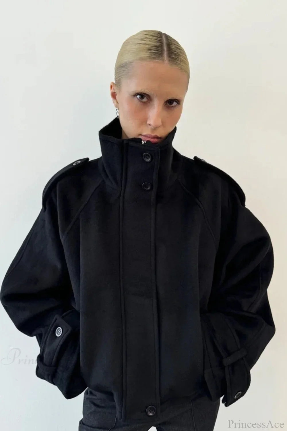Vintage Stand Collar Buttoned Short Wool Coat image 8