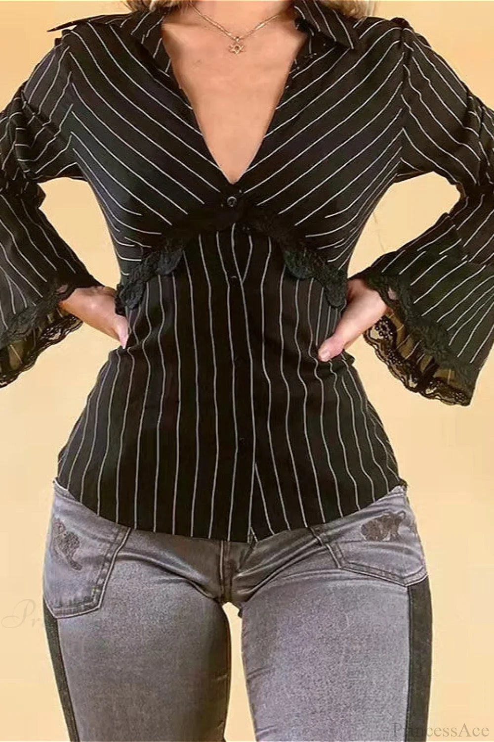 Vintage Striped Lace Contrast Blouse image 2