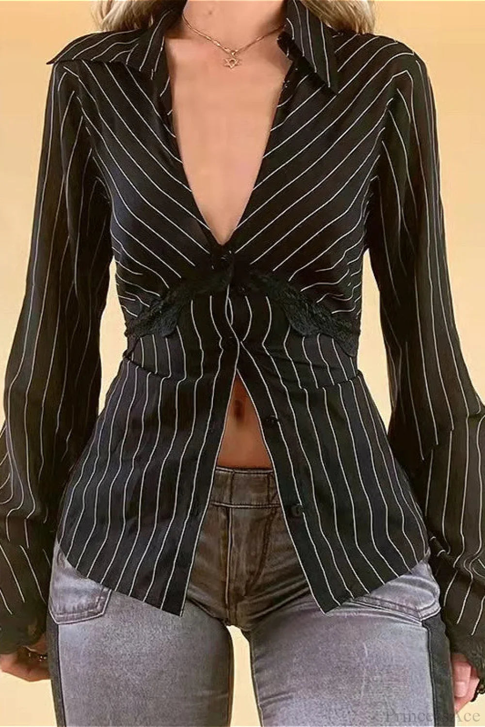 Vintage Striped Lace Contrast Blouse image 1