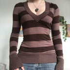 Vintage Striped T-shirt V-Neck Long Sleeve Knit Top Women image 6