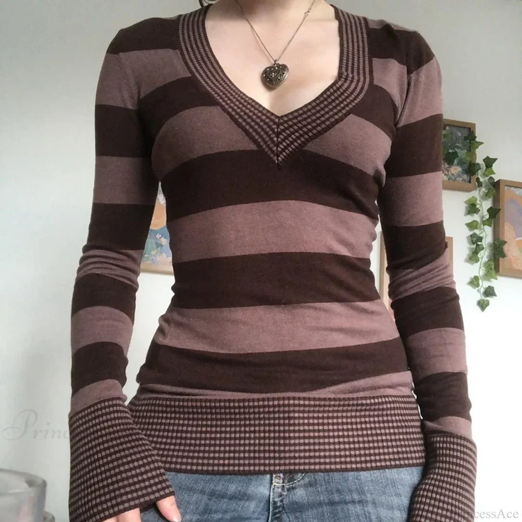 Vintage Striped T-shirt V-Neck Long Sleeve Knit Top Women image 4