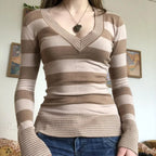 Vintage Striped T-shirt V-Neck Long Sleeve Knit Top Women image 2
