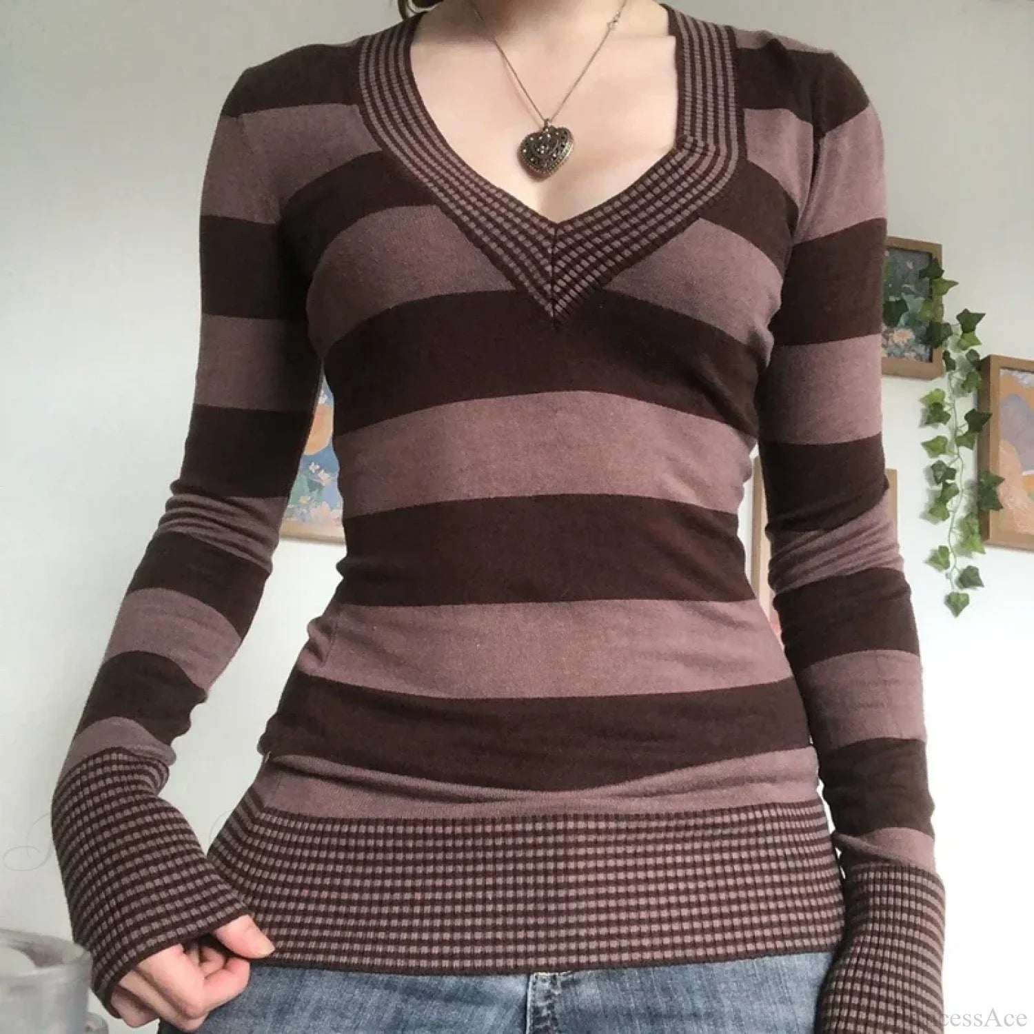 Vintage Striped T-shirt V-Neck Long Sleeve Knit Top Women image 1