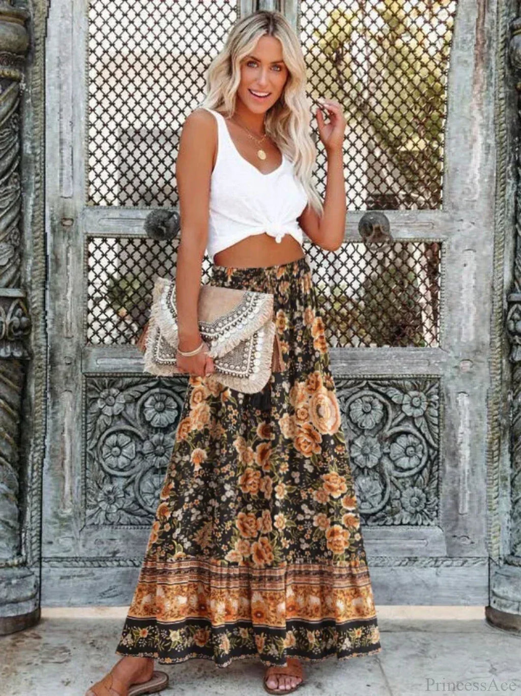 Vintage Summer Floral Print Beach Bohemian Pleated Skirt High Waist A-Line image 2