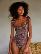 Vintage Sun Sketch Print Backless Swimsuit One Piece image 2