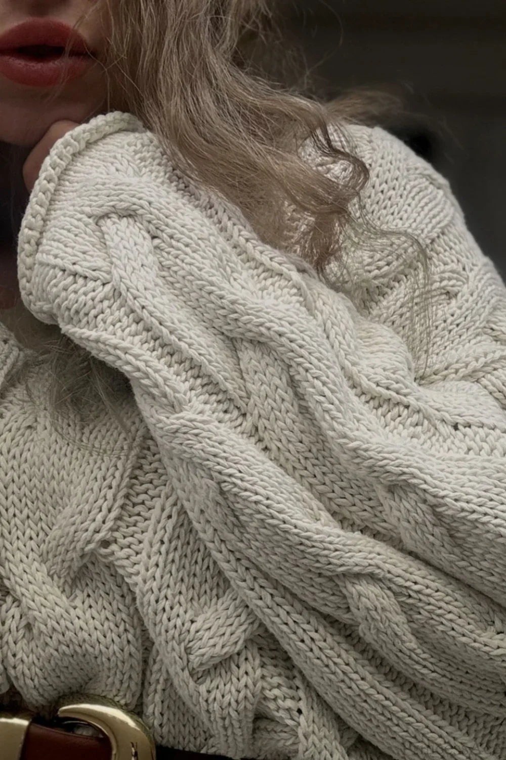 Vintage V-neck Loose Mid-length Cable Knit Long Sleeve Sweater image 5