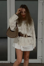 Vintage V-neck Loose Mid-length Cable Knit Long Sleeve Sweater image 3