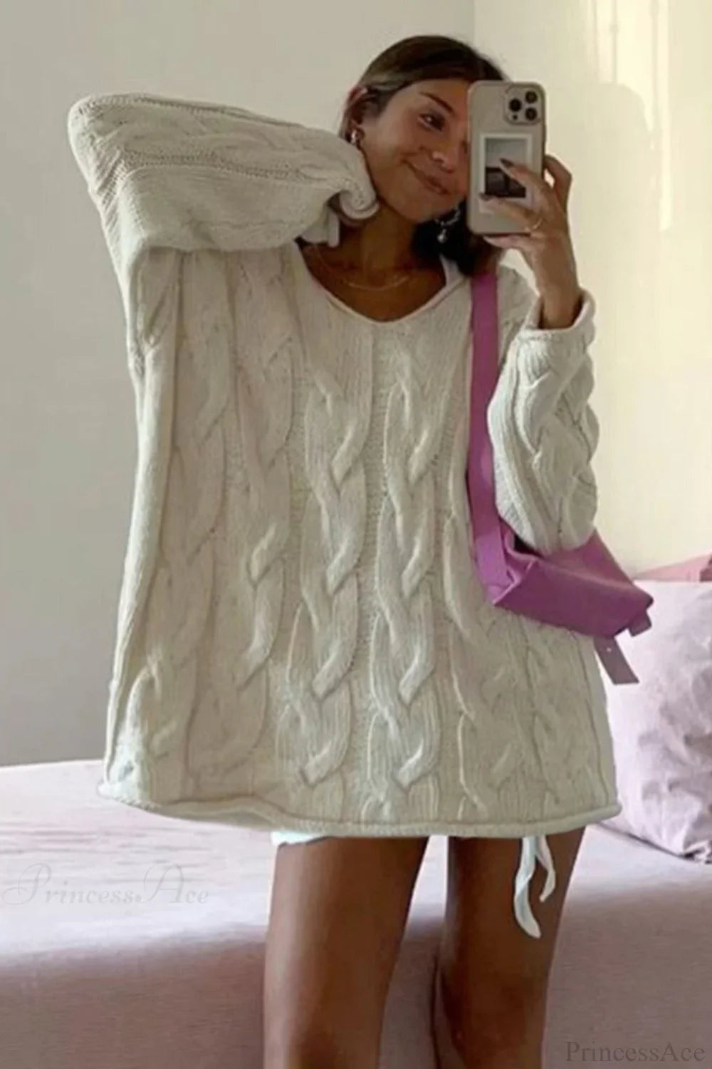 Vintage V-neck Loose Mid-length Cable Knit Long Sleeve Sweater image 4