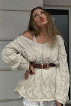Vintage V-neck Loose Mid-length Cable Knit Long Sleeve Sweater image 2