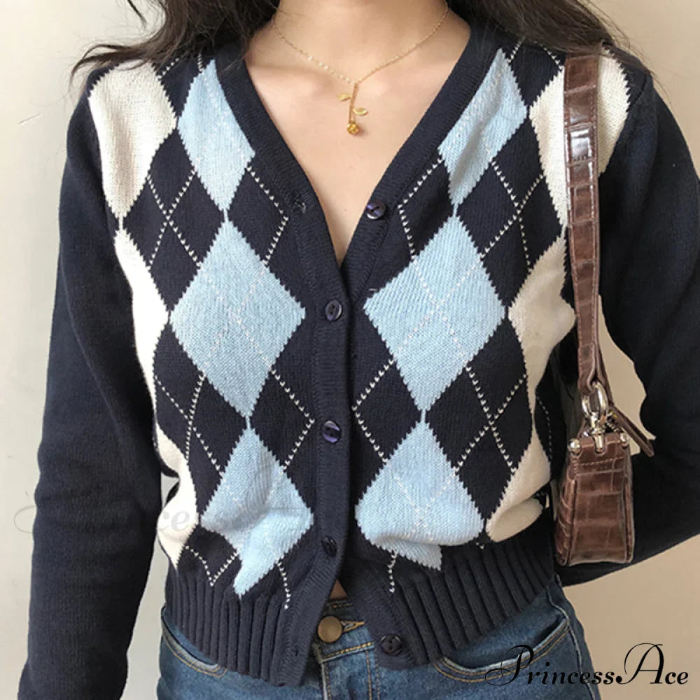 Vintage V-Neck Plaid Long Sleeve Cardigan image 1