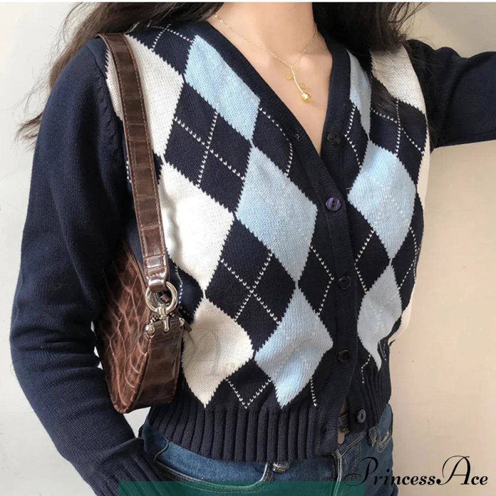 Vintage V-Neck Plaid Long Sleeve Cardigan image 3