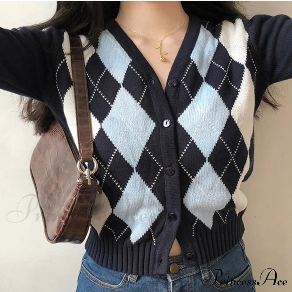 Vintage V-Neck Plaid Long Sleeve Cardigan image 2