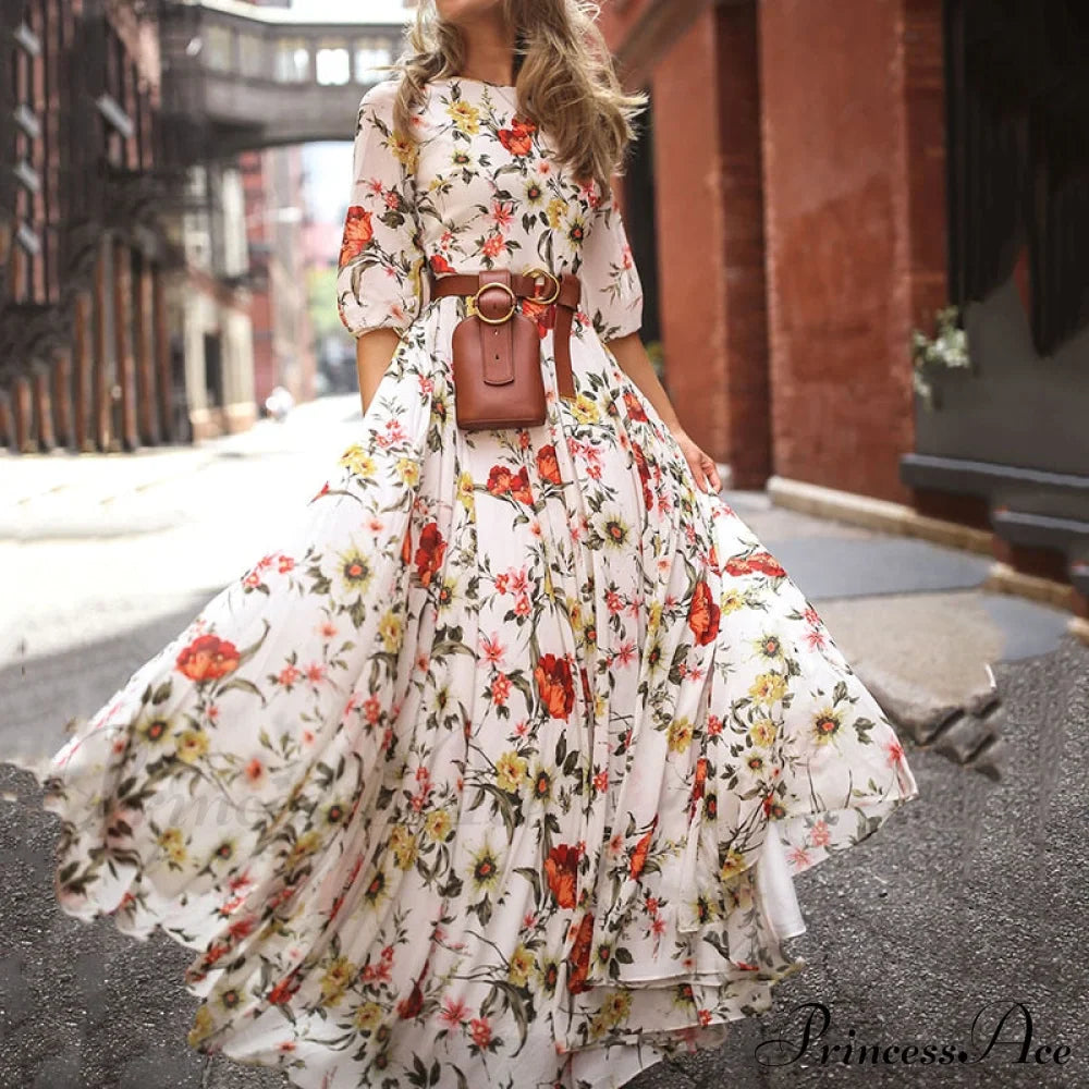 Vintage Warm-Season Printing Gown Flowered Long Fashion Elegant Three Party Quarter O-Neck Arm Streetwear image 2