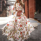 Vintage Warm-Season Printing Gown Flowered Long Fashion Elegant Three Party Quarter O-Neck Arm Streetwear image 2