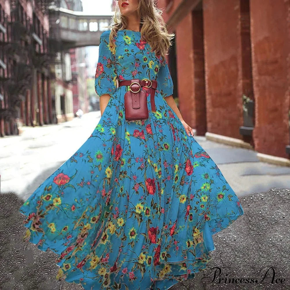 Vintage Warm-Season Printing Gown Flowered Long Fashion Elegant Three Party Quarter O-Neck Arm Streetwear image 3