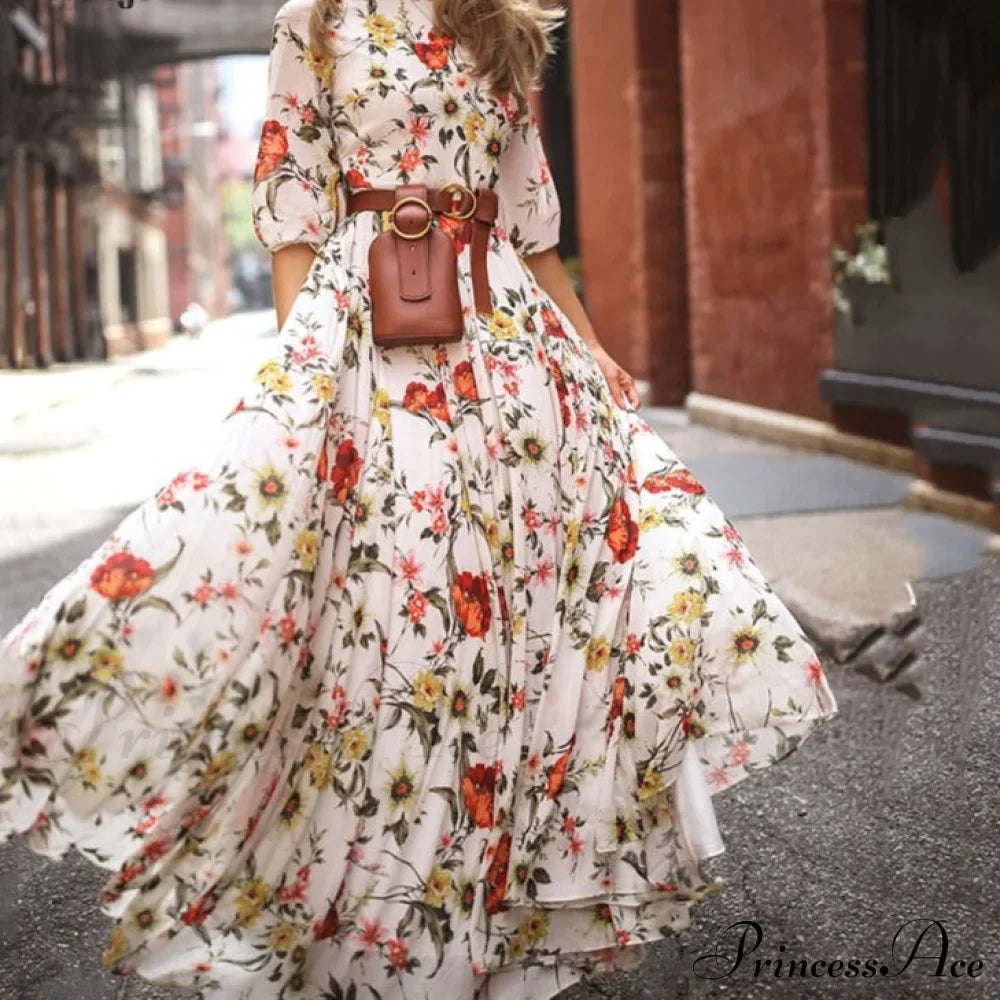 Vintage Warm-Season Printing Gown Flowered Long Fashion Elegant Three Party Quarter O-Neck Arm Streetwear image 1