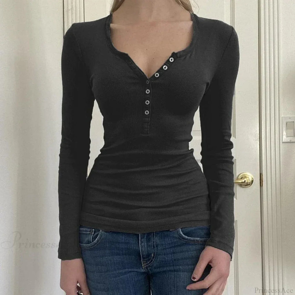 Vintage Y2K Basic Crop Top Grunge Button Slim Fit Knit Top image 2
