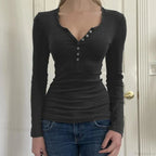 Vintage Y2K Basic Crop Top Grunge Button Slim Fit Knit Top image 2