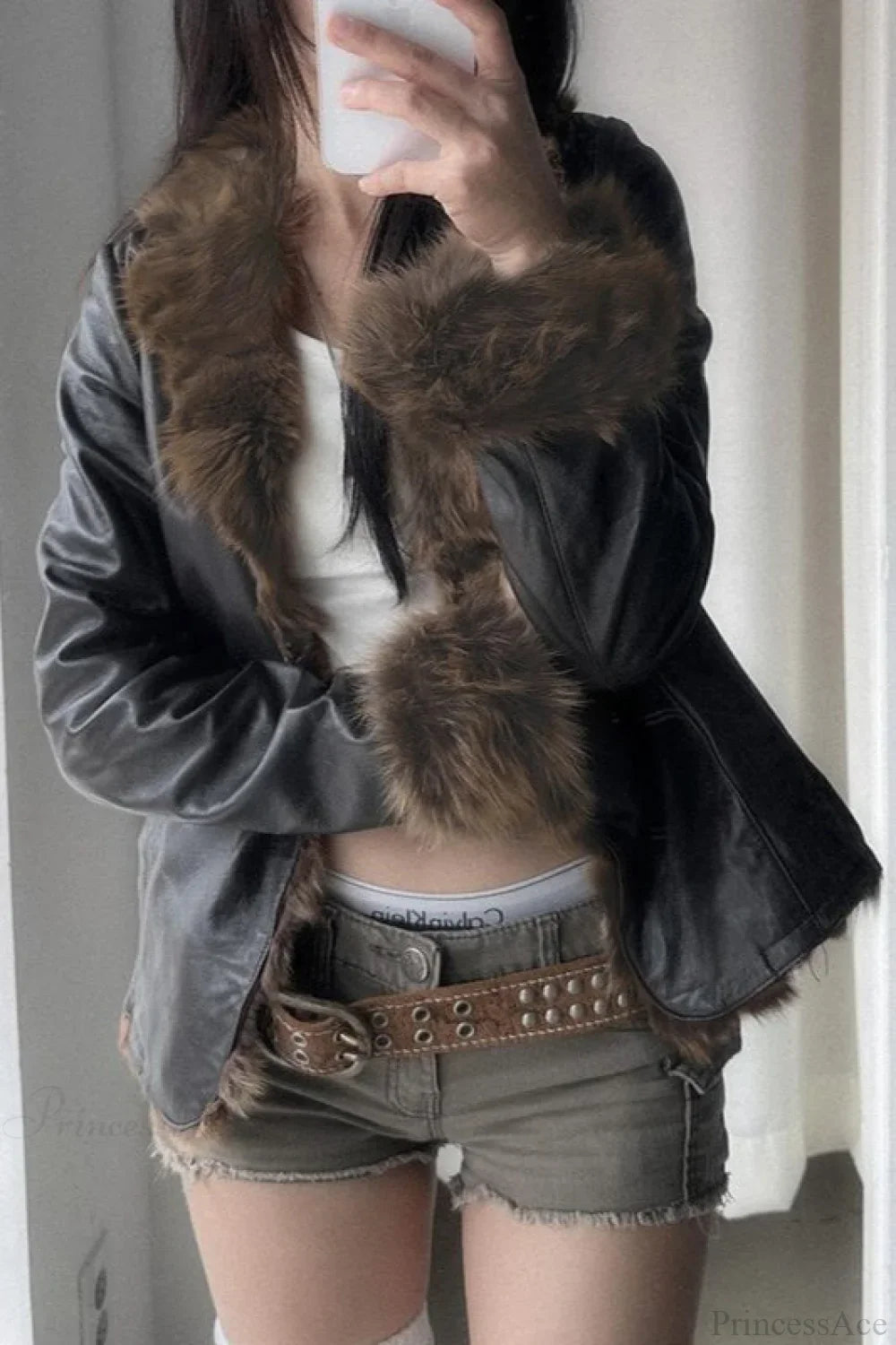 Vintage Y2K Furry Collar Leather Waist - Cinching Jacket image 3