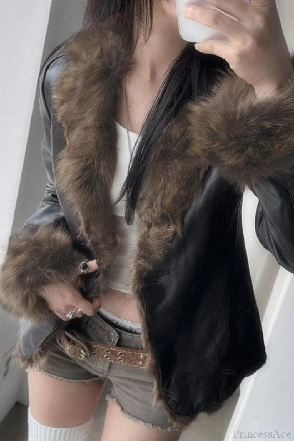 Vintage Y2K Furry Collar Leather Waist - Cinching Jacket image 2