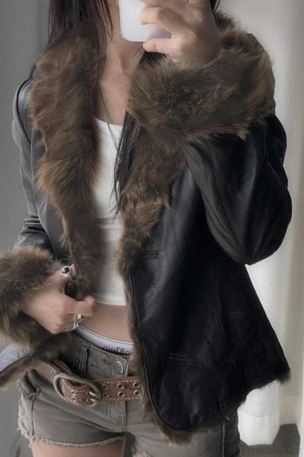 Vintage Y2K Furry Collar Leather Waist - Cinching Jacket image 1
