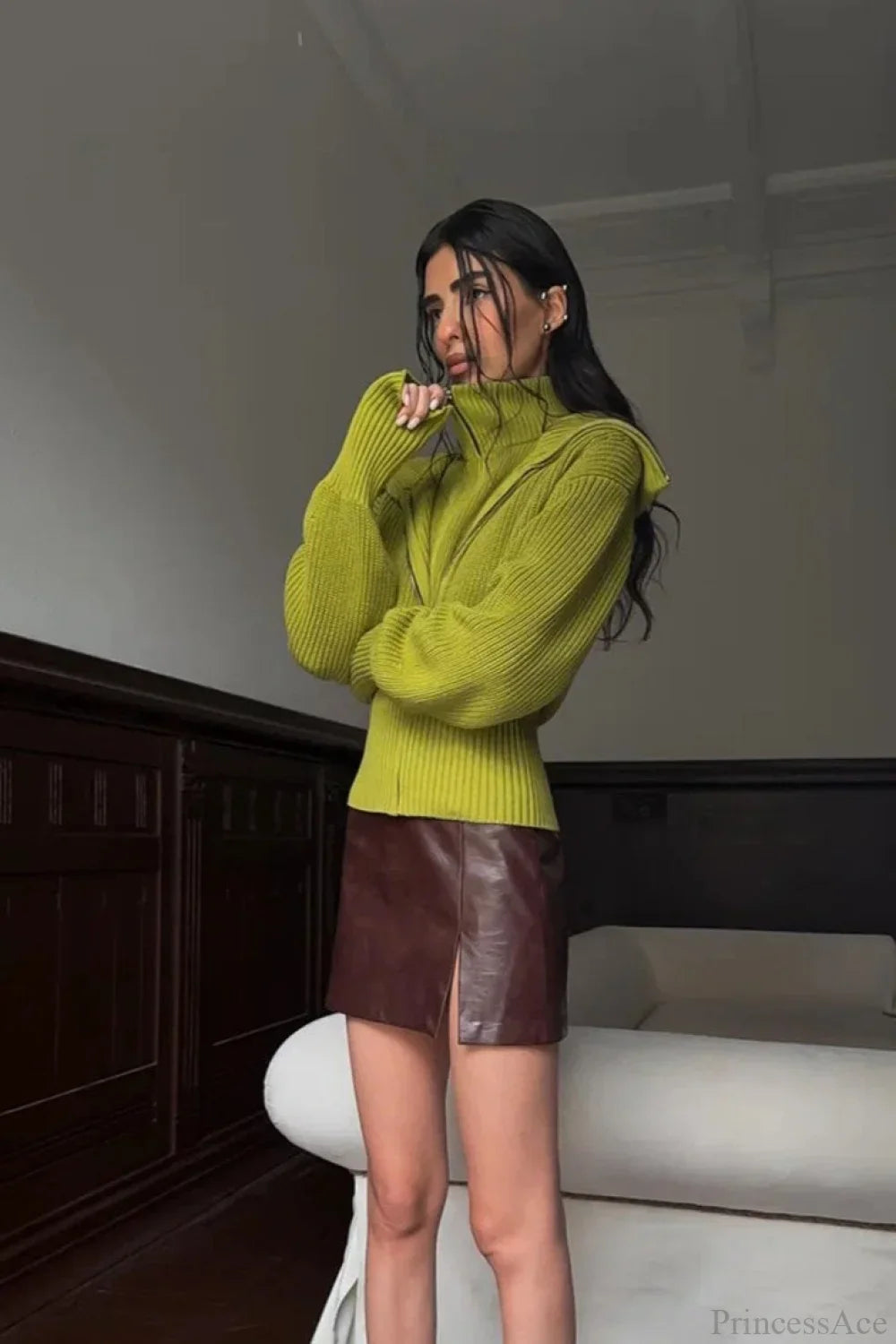 VintageTwo-in-one Solid Wide Lapel Zipper Sweater image 3