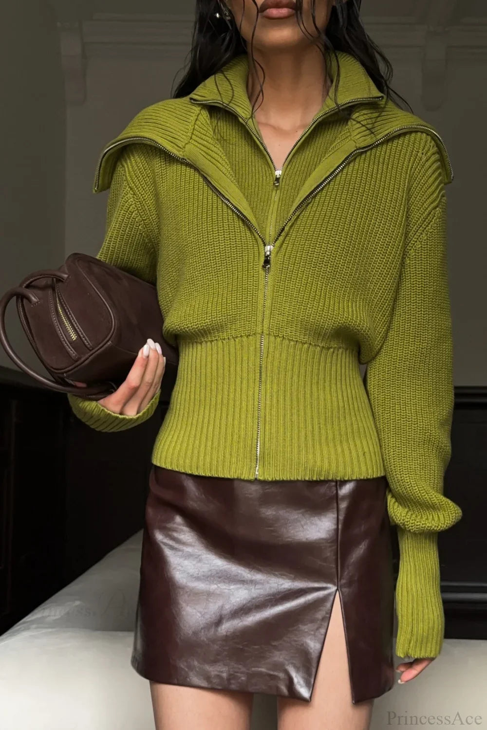 VintageTwo-in-one Solid Wide Lapel Zipper Sweater image 5