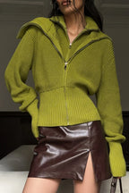 VintageTwo-in-one Solid Wide Lapel Zipper Sweater image 1