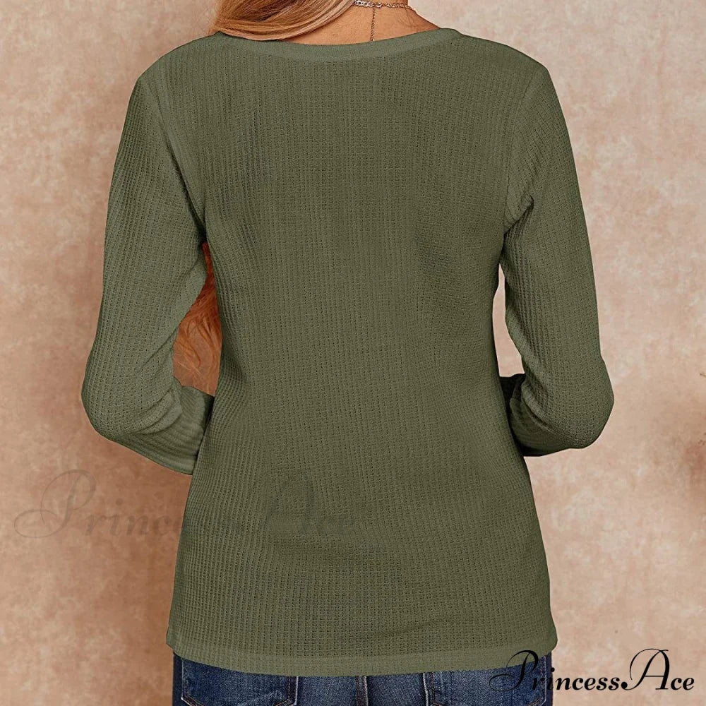 Waffle Neck Tops Knit Henley V for Women image 22