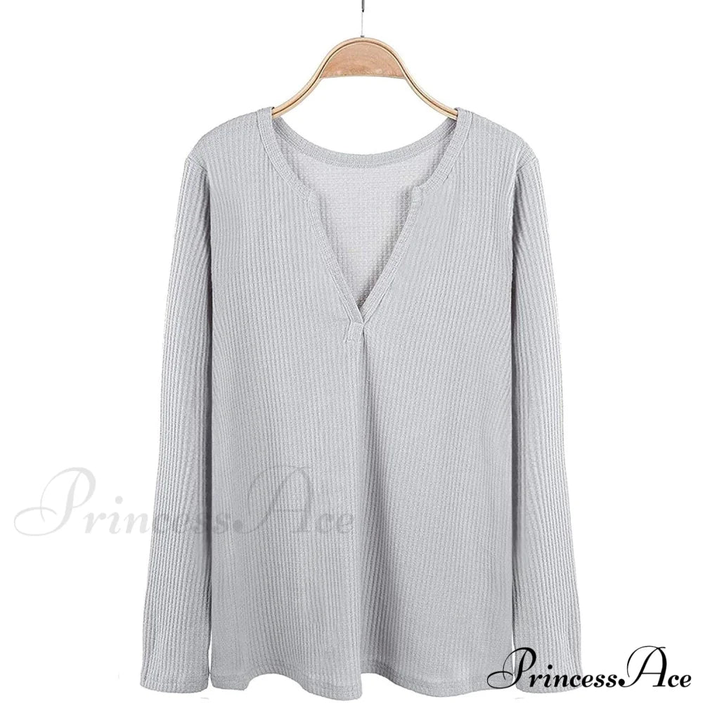 Waffle Neck Tops Knit Henley V for Women image 7