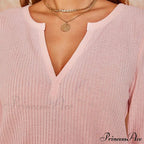 Waffle Neck Tops Knit Henley V for Women image 14