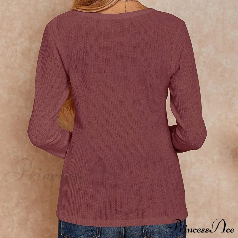 Waffle Neck Tops Knit Henley V for Women image 10