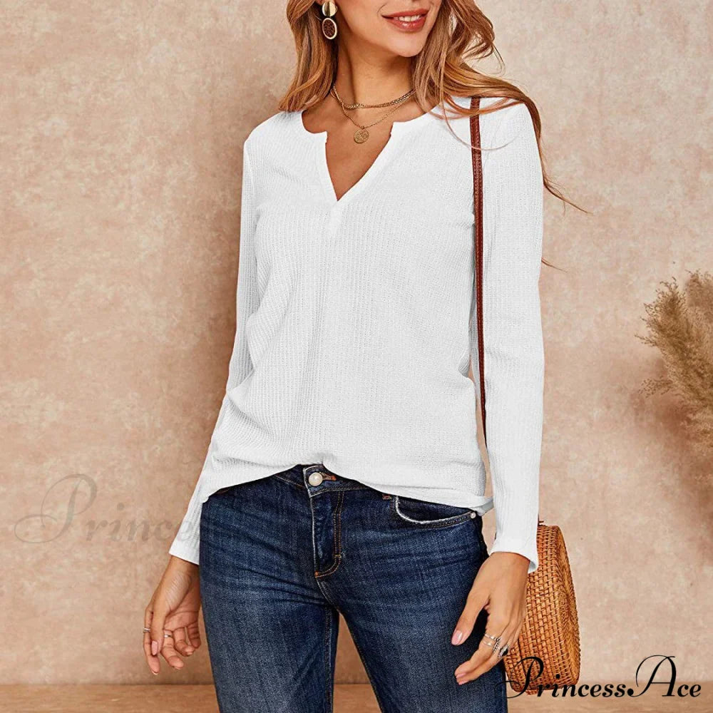 Waffle Neck Tops Knit Henley V for Women image 17
