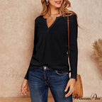 Waffle Neck Tops Knit Henley V for Women image 1