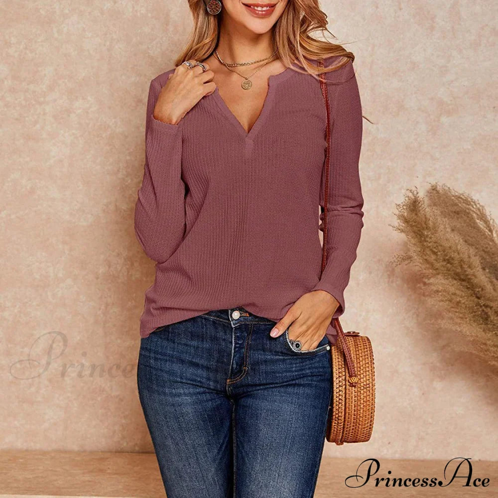 Waffle Neck Tops Knit Henley V for Women image 8
