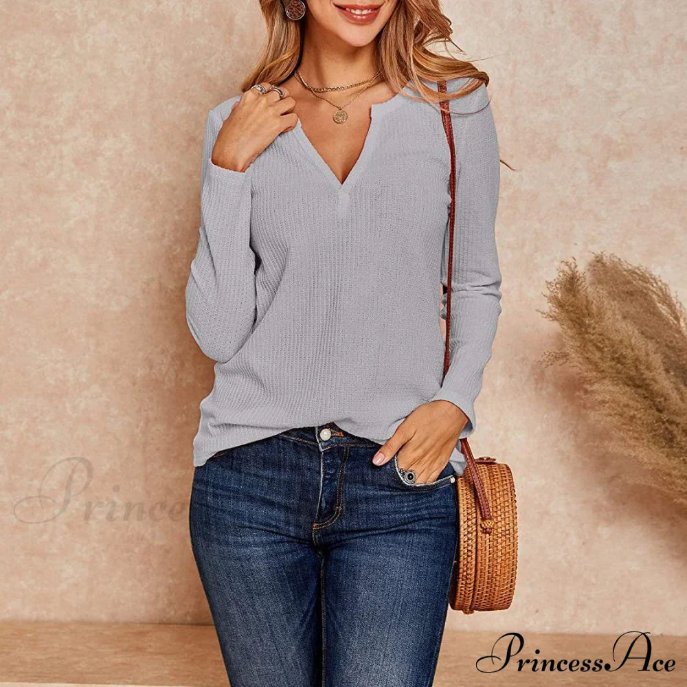 Waffle Neck Tops Knit Henley V for Women image 4