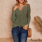 Waffle Neck Tops Knit Henley V for Women image 20