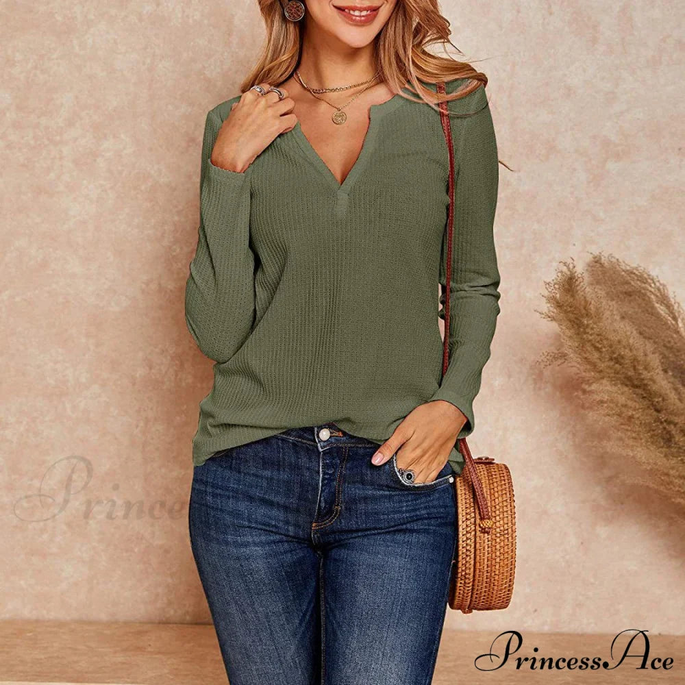 Waffle Neck Tops Knit Henley V for Women image 20