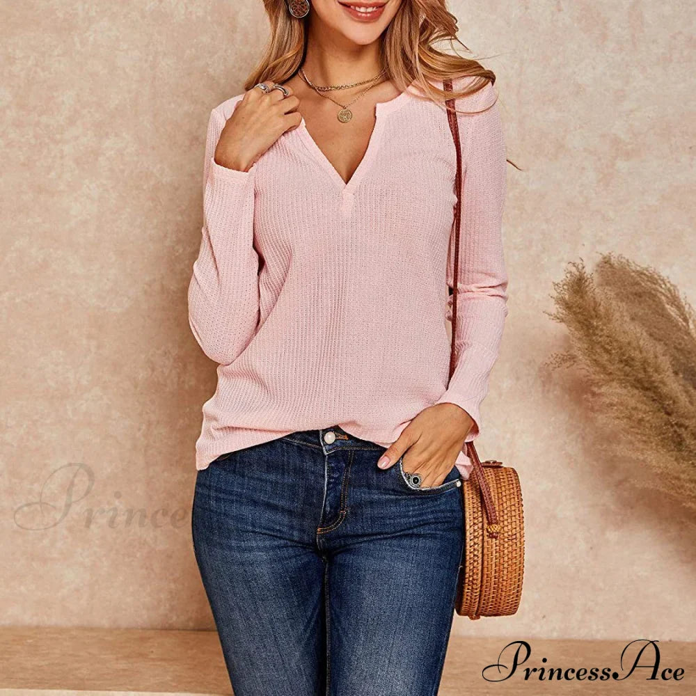 Waffle Neck Tops Knit Henley V for Women image 12