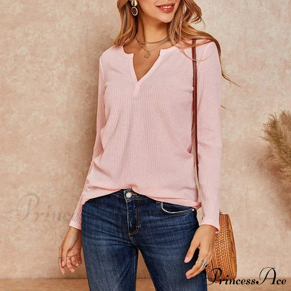 Waffle Neck Tops Knit Henley V for Women image 13