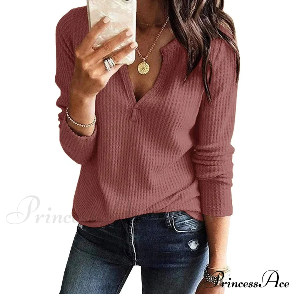Waffle Neck Tops Knit Henley V for Women image 26