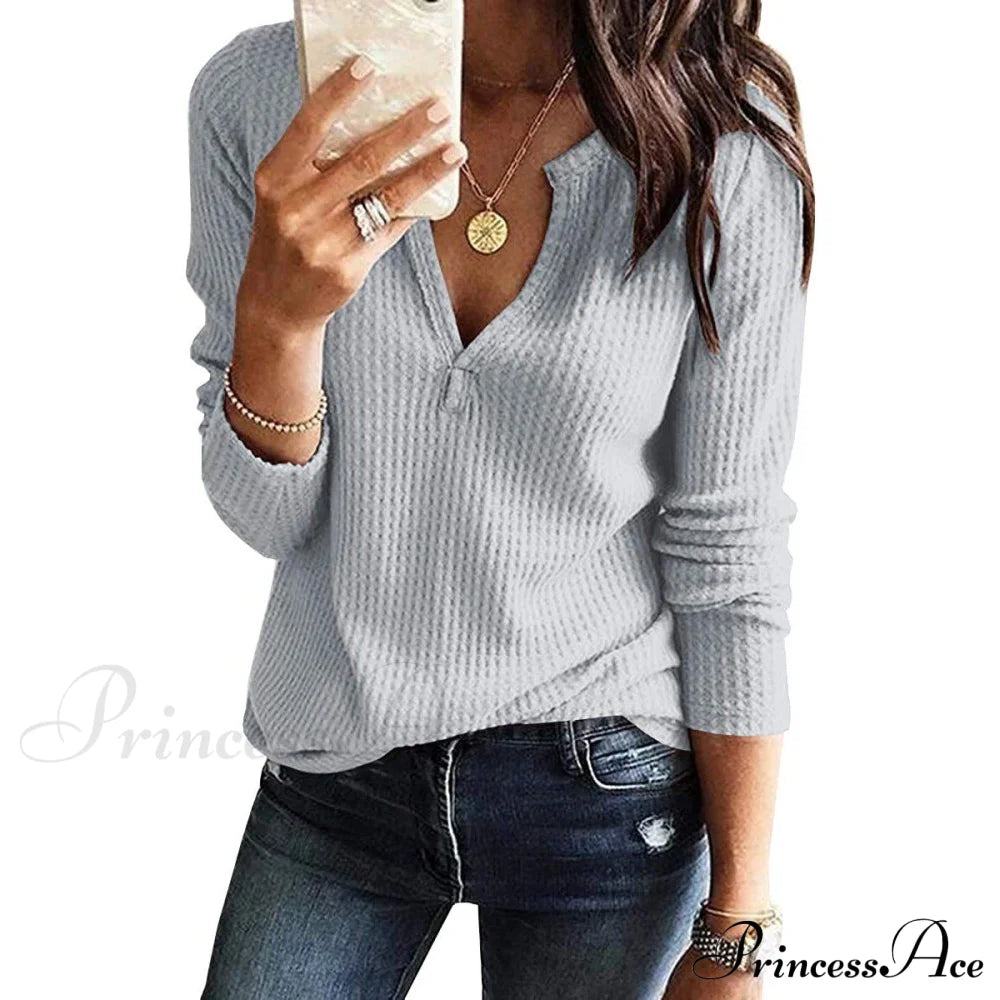Waffle Neck Tops Knit Henley V for Women image 25