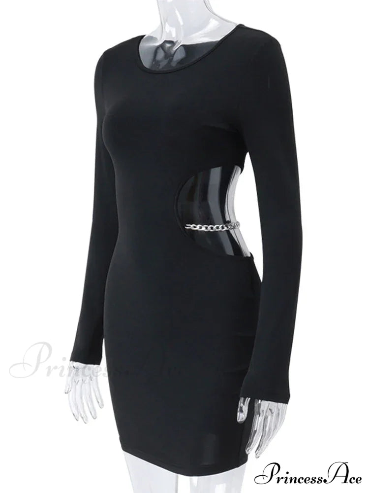 Waist Hollowed Black Long Sleeves Mini Dress image 5