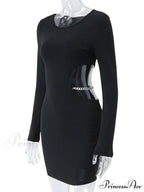 Waist Hollowed Black Long Sleeves Mini Dress image 5